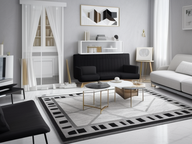 Modern living room. White marble on the floor. White walls. LED lightning. Island in the middle. Piano black furniture and appliances, Living Room, Modern design, clean lines, geometric shapes, neutral colour panel, simplicity and functionality, use of glass, steel, concrete