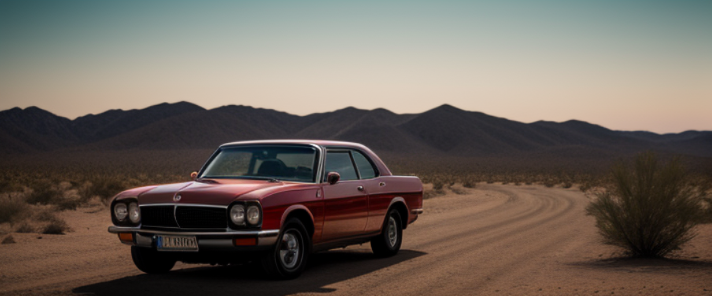 a red car travailing from desert, Morning