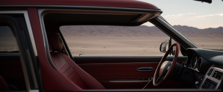 a red car travailing from desert, Morning