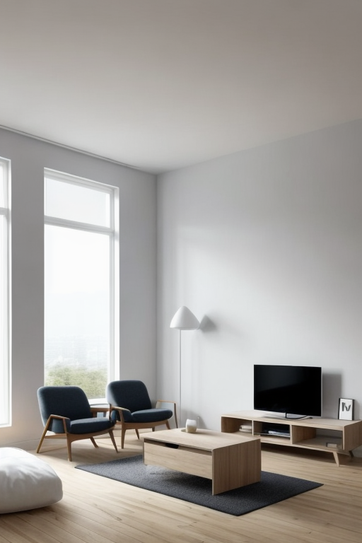 Living Room, Minimalist design, simple lines, limited furniture, open floor, natural light, uncluttered space