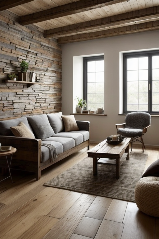 Living Room, Minimalist design, simple lines, limited furniture, open floor, natural light, uncluttered space, Rustic design, warm and inviting, natural materials, wood and stone, earthy colour palette, textured finishes, exposed beams, distressed or reclaimed furniture, cozy and rugged charm