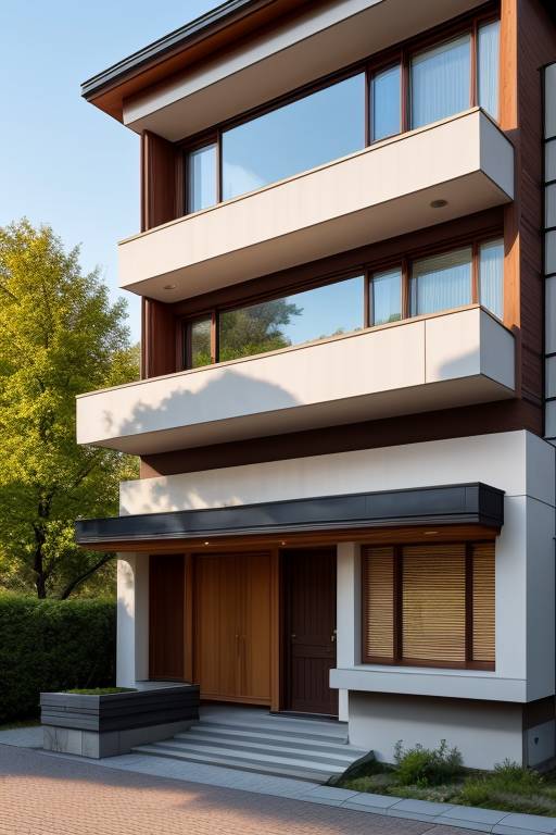 Frank Lloyd Wright style town house in morning light, straight on, close up, Townhouse, designed by Frank Lloyd Wright, De Stijl architecture, in the morning, in Berlin
