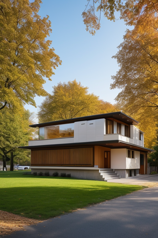 Frank Lloyd Wright style town house in morning light, straight on, close up, Townhouse, designed by Frank Lloyd Wright, De Stijl architecture, in the morning, in Berlin