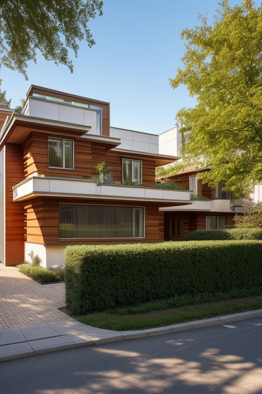 Frank Lloyd Wright style town house in morning light, straight on, close up, Townhouse, designed by Frank Lloyd Wright, De Stijl architecture, in the morning, in Berlin