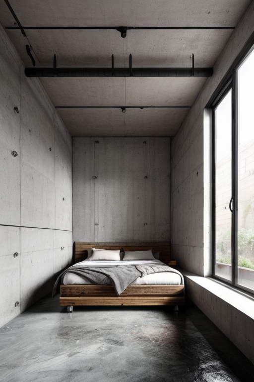 Bedroom, Industrial design, raw and unfinished look, exposed brick walls, concrete floors, metal accents, utilitarian aesthetics, salvaged or repurposed materials, open floor plans