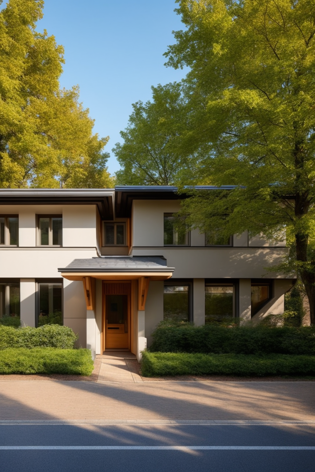 Frank Lloyd Wright style town house in morning light, straight on, close up, Townhouse, designed by Frank Lloyd Wright, De Stijl architecture, in the morning, in Berlin