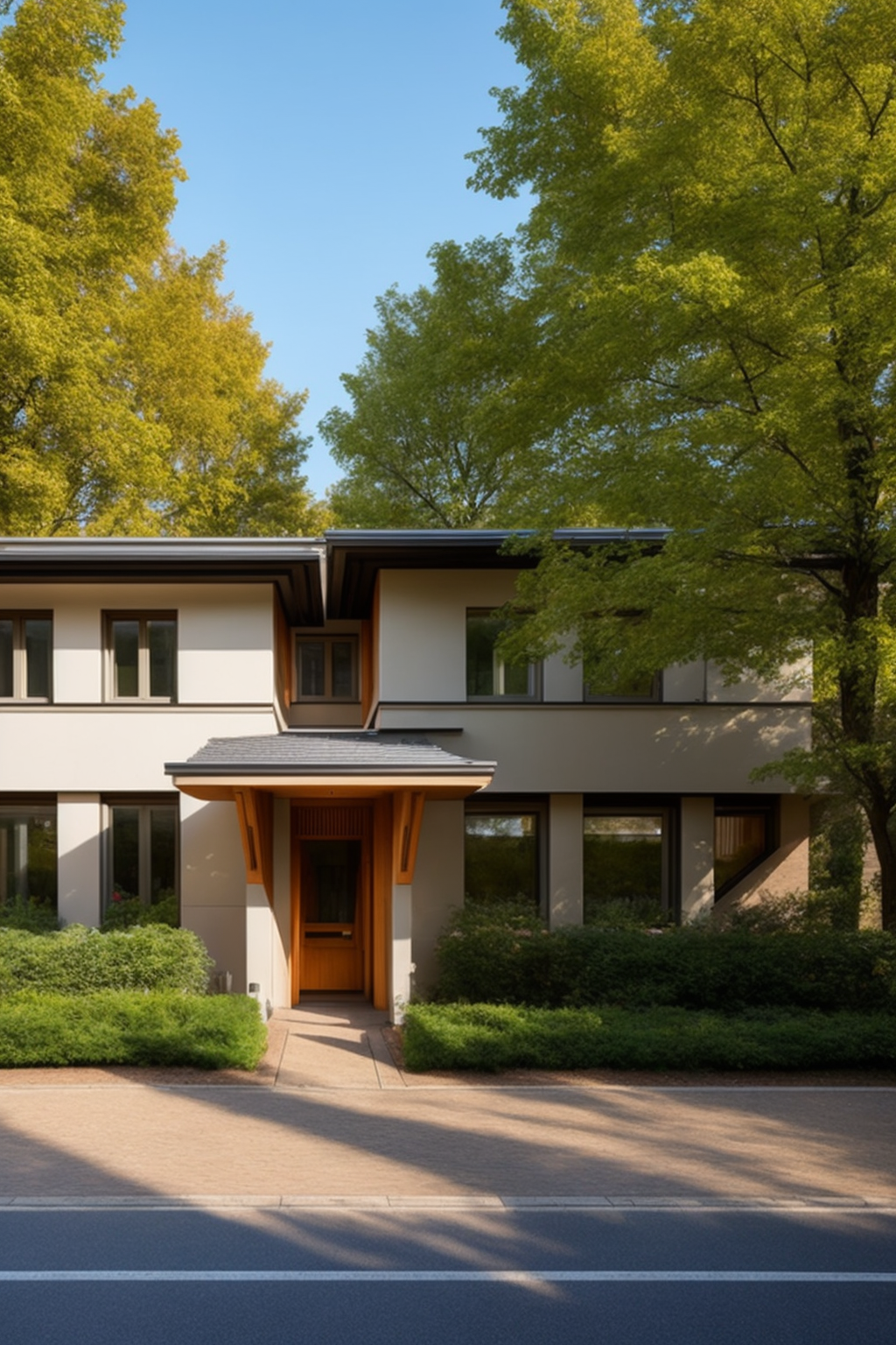 Frank Lloyd Wright style town house in morning light, straight on, close up, Townhouse, designed by Frank Lloyd Wright, De Stijl architecture, in the morning, in Berlin