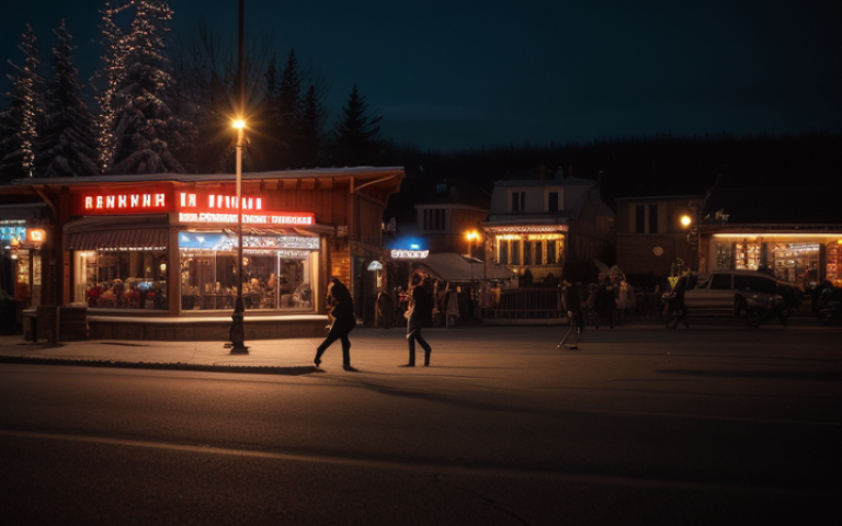 Wide, Afternoon, in the city of Saint-Sauveur in Canada, with people dancing around for a party