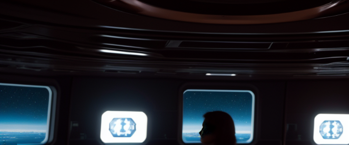 Starship Enterprise in spacedock, Wide, night time, dark studio, rim lighting, two tone lighting, dimly lit