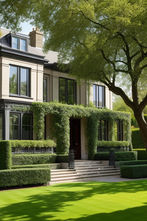 A three bedroom apartment with a beautiful lawn, Mansion, designed by Norman Foster, Modern Architecture, in the morning, in London