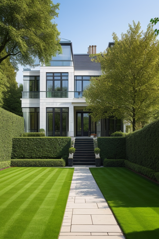 A three bedroom apartment with a beautiful lawn, Mansion, designed by Norman Foster, Modern Architecture, in the morning, in London