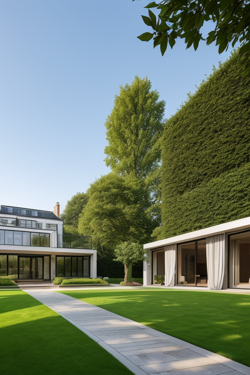 A three bedroom apartment with a beautiful lawn, Mansion, designed by Norman Foster, Modern Architecture, in the morning, in London