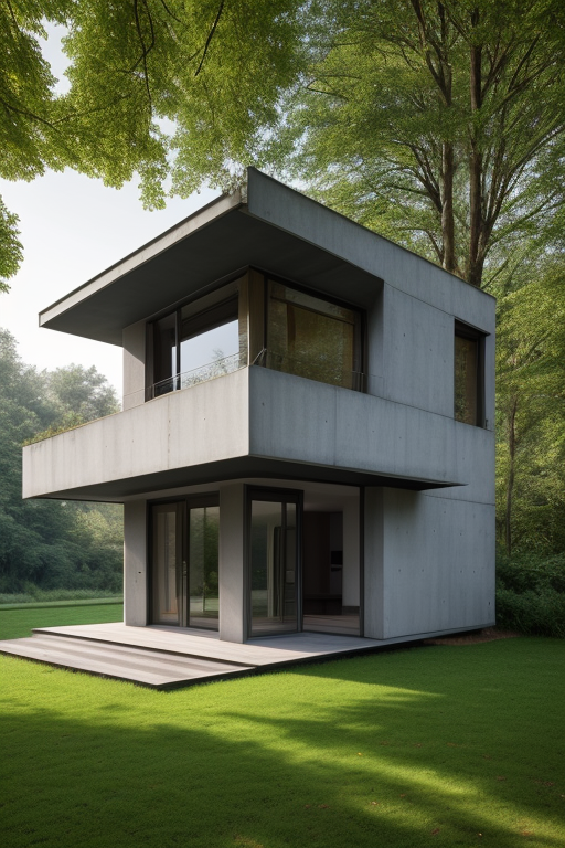 Villa, designed by Le Corbusier, Brutalist Architecture, in the morning, in the forest