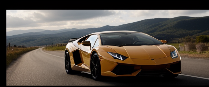 Morning, realistic, Lamborghini, driving on a windy hill road, natural light, sunny background, lake in the background