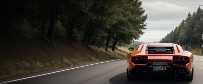 Morning, realistic, Lamborghini, driving on a windy hill road, natural light, sunny background, lake in the background