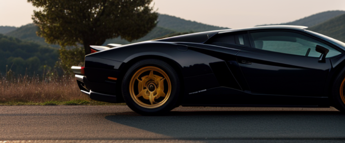 Morning, realistic, Lamborghini, driving on a windy hill road, natural light, sunny background, lake in the background