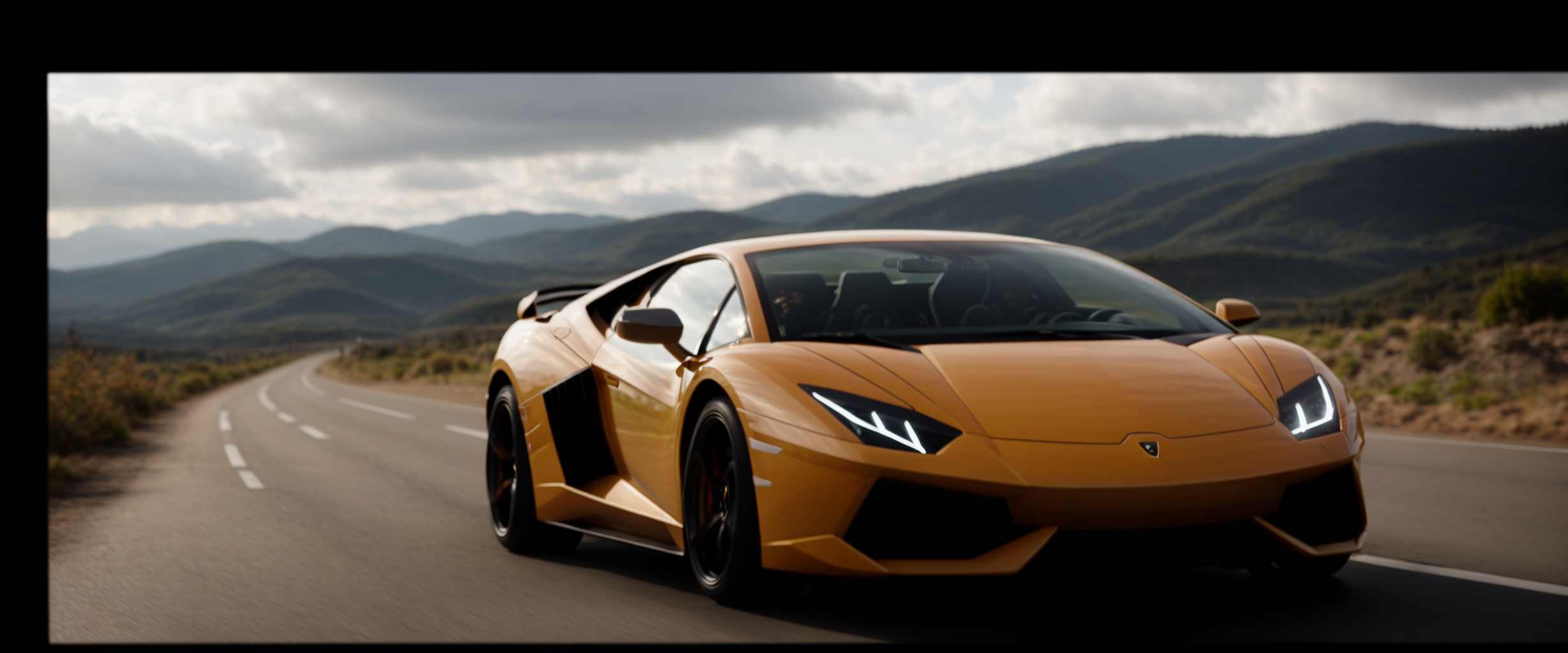 Morning, realistic, Lamborghini, driving on a windy hill road, natural light, sunny background, lake in the background