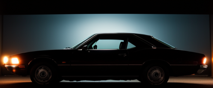 Red car in a great city, night time, dark studio, rim lighting, two tone lighting, dimly lit, Wide