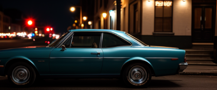 Red car in a great city, night time, dark studio, rim lighting, two tone lighting, dimly lit, Wide