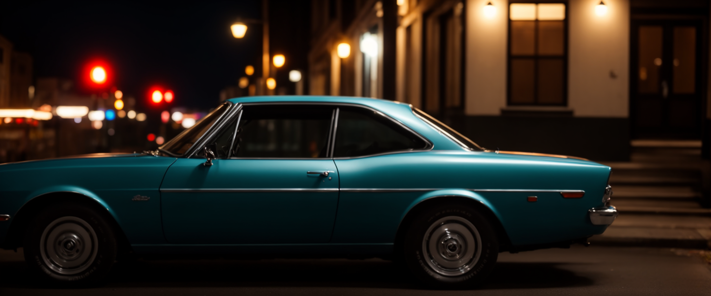 Red car in a great city, night time, dark studio, rim lighting, two tone lighting, dimly lit, Wide