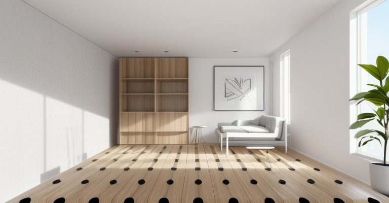 A living room with a working table at left, minimal style, white walls, interior plants and wood details., Minimalist design, simple lines, limited furniture, open floor, natural light, uncluttered space