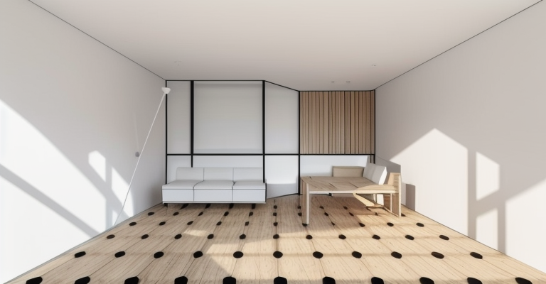 A living room with a working table at left, minimal style, white walls, interior plants and wood details., Minimalist design, simple lines, limited furniture, open floor, natural light, uncluttered space