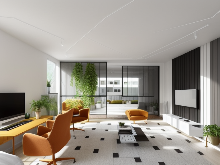 Living Room, Contemporary design, clean lines, minimalist aesthetic, a lot of plants, functionality, open uncluttered spaces, colour palette.