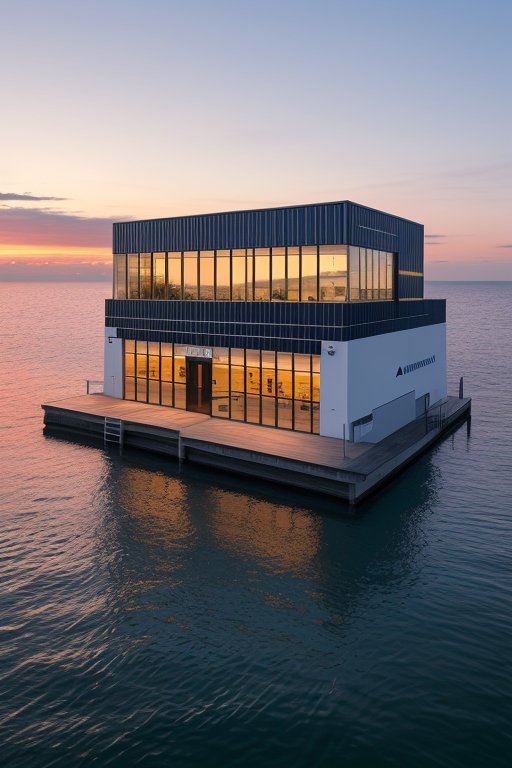 New untouched market for business, Office, designed by Alvar Aalto, Modern Architecture, at sunset, in the ocean