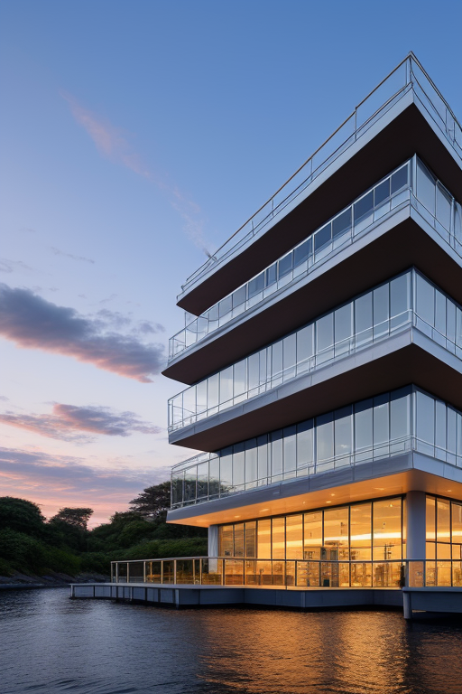 New untouched market for business, Office, designed by Alvar Aalto, Modern Architecture, at sunset, in the ocean