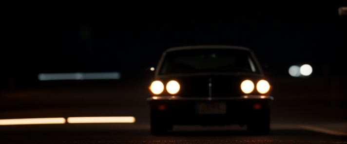 rare car , Wide, night time, dark studio, rim lighting, two tone lighting, dimly lit