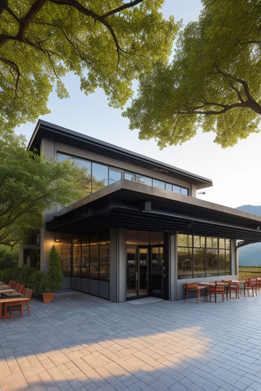 Stamped concrete, Restaurant, designed by Le Corbusier, Post-Modern Architecture, in the morning, in the mountains