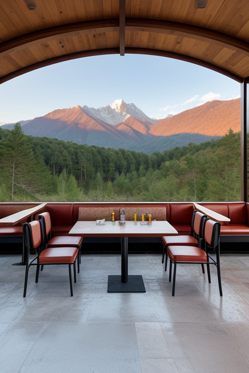 Stamped concrete, Restaurant, designed by Le Corbusier, Post-Modern Architecture, in the morning, in the mountains