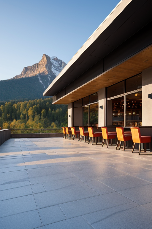 Stamped concrete, Restaurant, designed by Le Corbusier, Post-Modern Architecture, in the morning, in the mountains