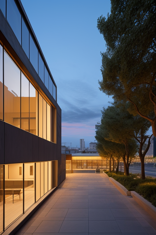 Building, designed by Tadao Ando, Post-Modern Architecture, at sunset, in Barcelona