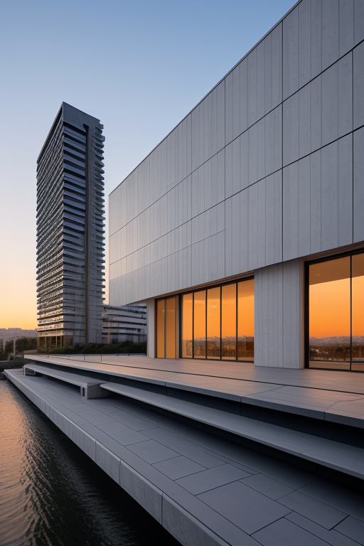 Building, designed by Tadao Ando, Post-Modern Architecture, at sunset, in Barcelona