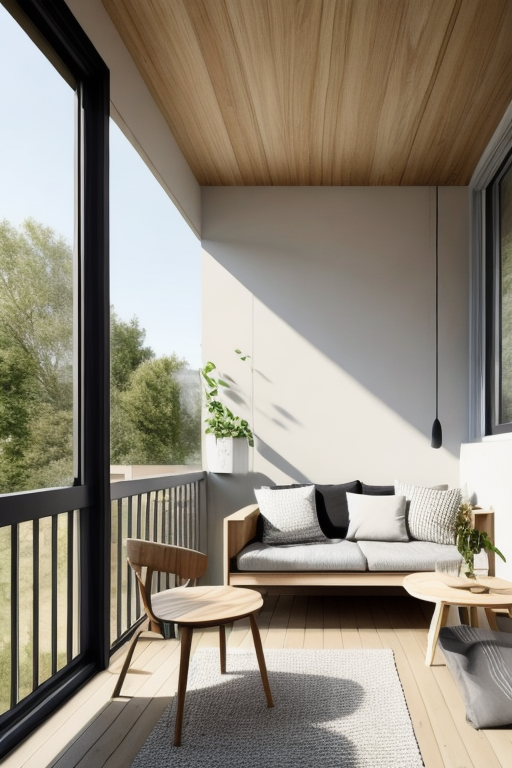 Balcony, Scandinavian design, light and airy spaces, neutral colour palette, natural light, light-coloured woods, minimalistic and functional furniture, clean lines, connection to nature