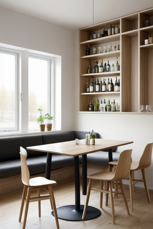 design a corner bar for sitting and eating burgers for a small restaurant
, Dining Room, Scandinavian design, light and airy spaces, neutral colour palette, natural light, light-coloured woods, minimalistic and functional furniture, clean lines, connection to nature