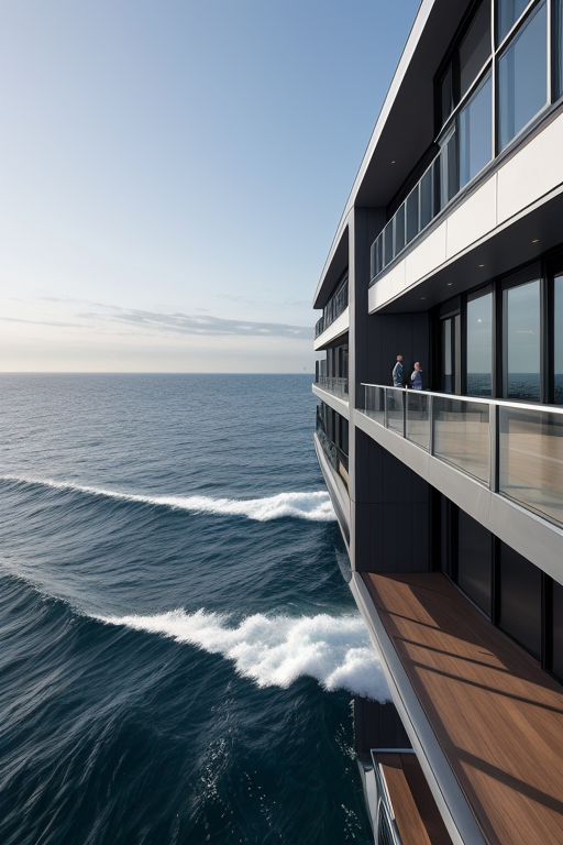 Browish and black combination of walls, with nice architecture, Modern Architecture, designed by Richard Rogers, in the morning, in the ocean