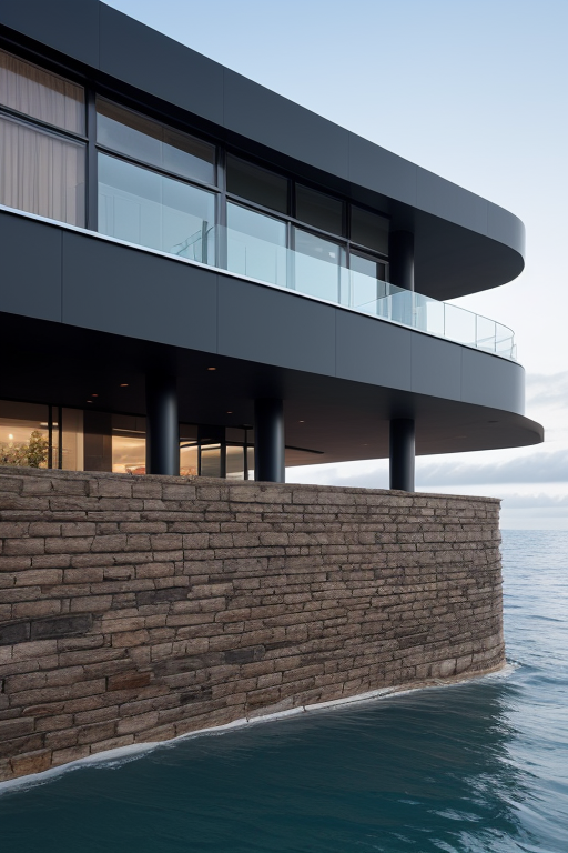 Brownish and black combination of walls, with nice architecture, Modern Architecture, designed by Richard Rogers, in the morning, in the ocean
