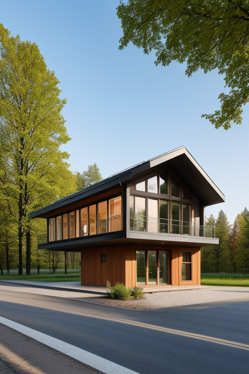 small house made with glass, steel and wood, Building, designed by Alvar Aalto, Bauhaus Architecture, Art Nouveau Architecture, in the afternoon, in Moscow