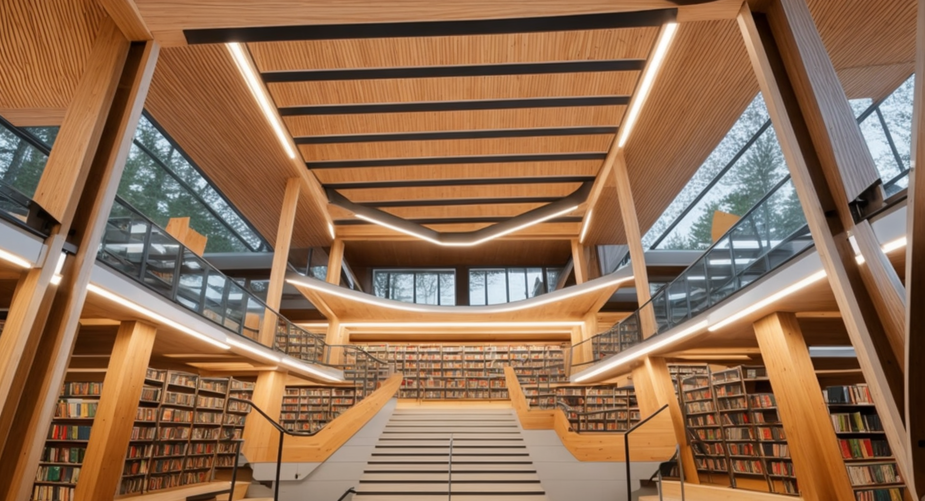 Interior of a public Library, design by Bjarke ingels, De Stijl architecture, at night, in the forest, HD, Beautiful, HD, soft lights