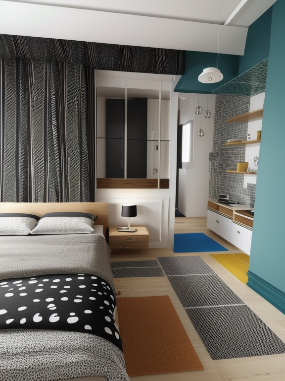 Bedroom, Eclectic design, bold and contrasting colours, diverse patterns and textures, unconventional furniture arrangements, personal and curated collections, creative and expressive atmosphere