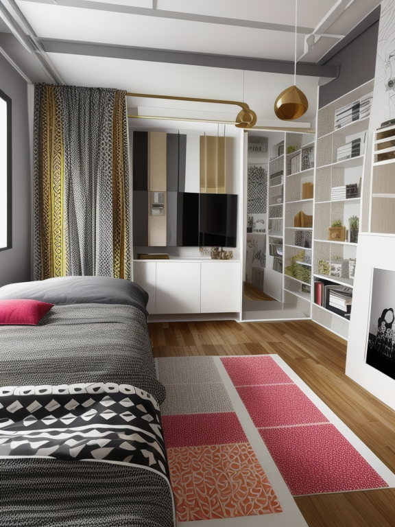 Bedroom, Eclectic design, bold and contrasting colours, diverse patterns and textures, unconventional furniture arrangements, personal and curated collections, creative and expressive atmosphere
