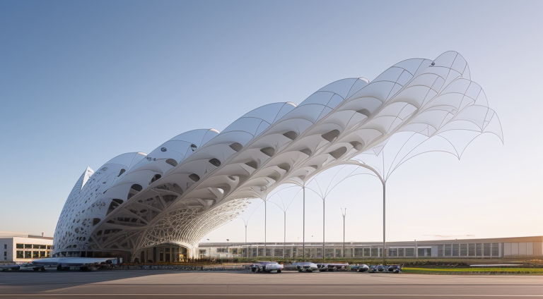 Airport designed by Richard Rogers, Parametric Architecture, in the morning