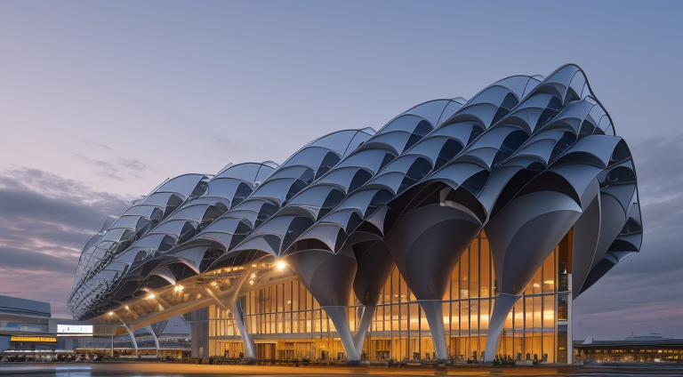 Airport designed by Richard Rogers, Parametric Architecture, in the morning