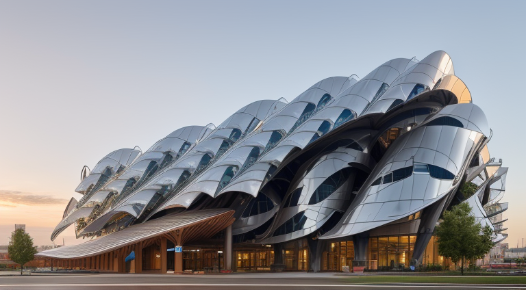 Airport designed by Frank Gehry, Parametric Architecture, in the morning