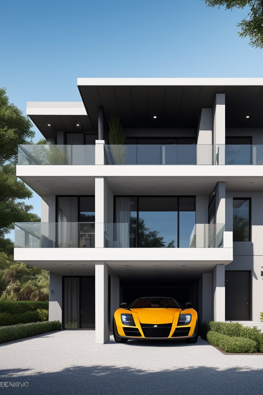 Futuristic Black Gothic Home 2 stories, 3 car garage, patio balcony with a super car in the driveway, Mansion, in the morning, Neofuturist Architecture, in the ocean
