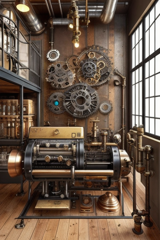 Steampunk style,  industrial and vintage, warm colour palette, combination of Victorian aesthetics and industrial elements, exposed gears and machinery, brass and copper accents, vintage and repurposed objects, a sense of victorian-era-technology and adventure