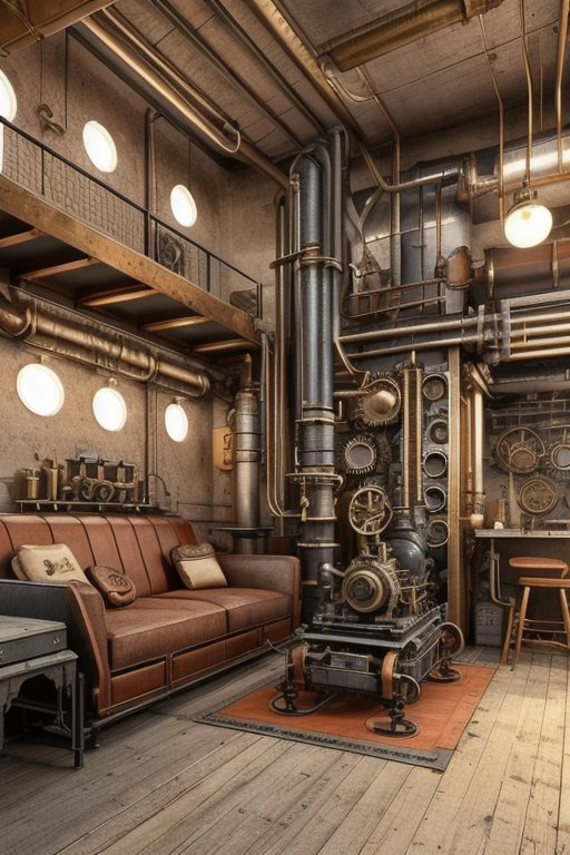 Steampunk style,  industrial and vintage, warm colour palette, combination of Victorian aesthetics and industrial elements, exposed gears and machinery, brass and copper accents, vintage and repurposed objects, a sense of victorian-era-technology and adventure