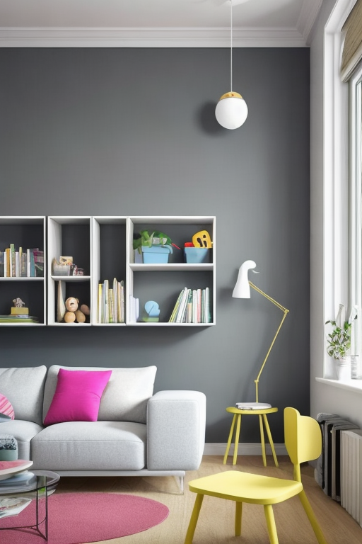 Children's room in a clean style, with scrambled colors, in the style of superheroes
, Living Room, Modern design, clean lines, geometric shapes, neutral colour panel, simplicity and functionality, use of glass, steel, concrete